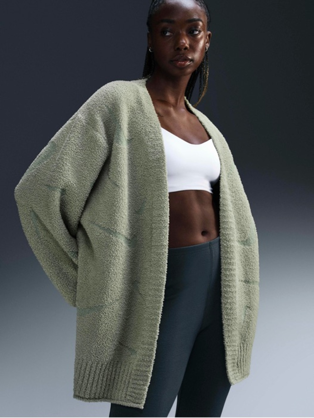 NIKE Oversized Sage Green Open-Front Women's Sweater Cardigan Size L